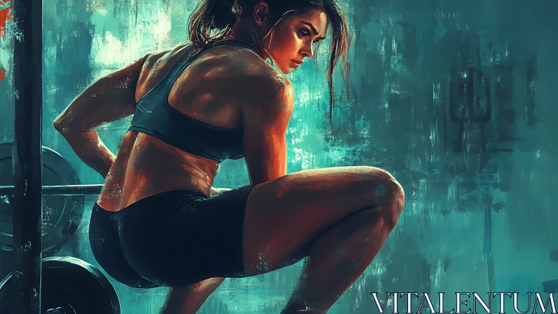 Strong athletic woman lifting weights in expressive digital art style.