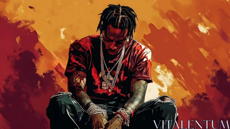 Digital portrait of seated man against abstract background.