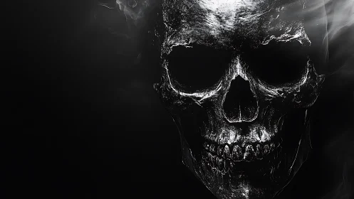Specular black skull rendered in high-contrast digital chiaroscuro.