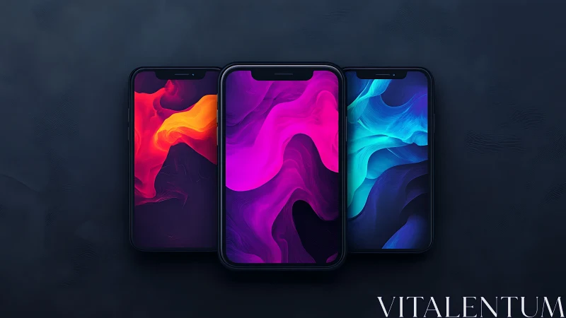 Tri-screen smartphone layout with abstract OLED gradients