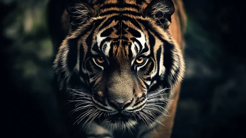Close frontal view of tiger with focused gaze in darkness.