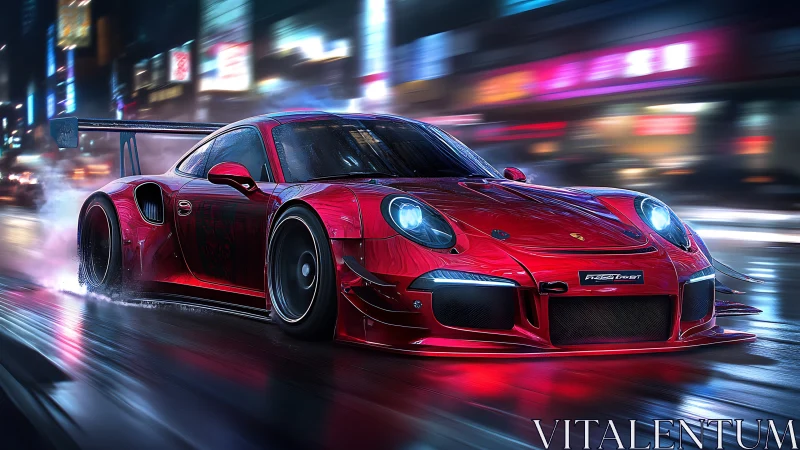 Ultra-wide red GT race car drifting on wet neon city street