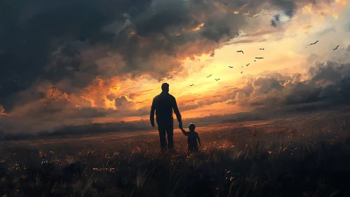 Silhouetted parent and child crossing field at sunset.