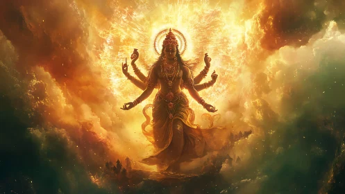 Divine multi-armed deity emerging through radiant firestorm.