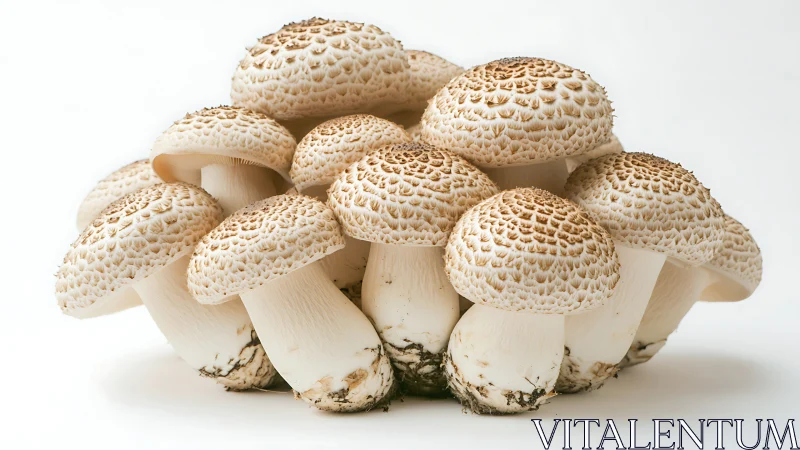 Patterned mushroom cluster crowned with speckled forest domes.