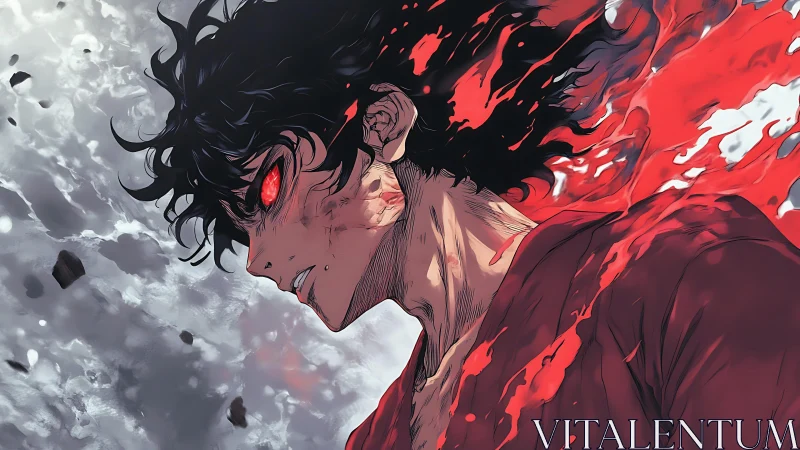 Scarlet-eyed anime warrior unleashes power in stormy sky