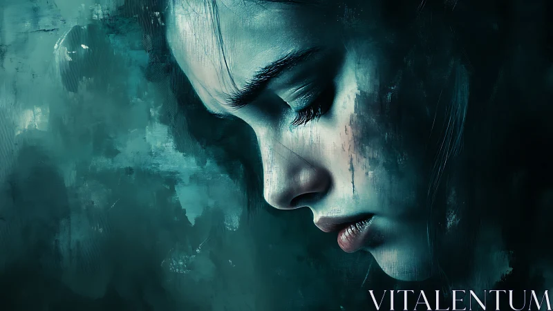 Profile view of young woman in teal abstract environment.