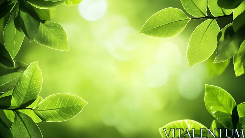 Sunlit green leaves framing a glowing forest daydream.