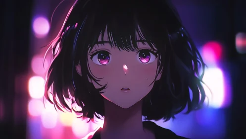 Anime girl with short dark hair in neon city lights.