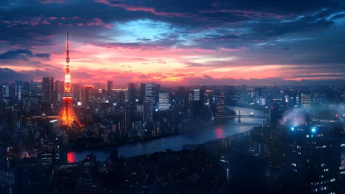 Tokyo skyline glows under vivid neon sunset clouds