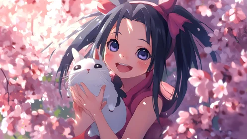 Anime girl holding white cat among pink blossoms.