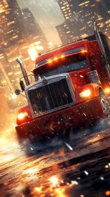 Red semi truck on wet city street in heavy rainfall at night.