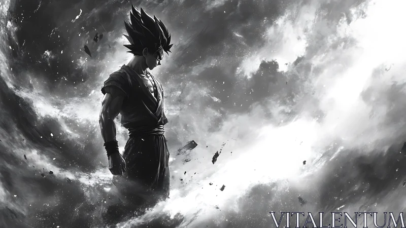 Monochrome anime warrior in swirling cosmic stormscape.