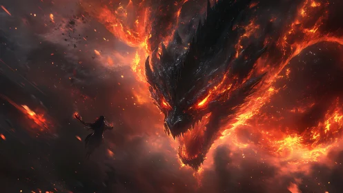 Fiery dragon lunges from molten storm toward lone mage