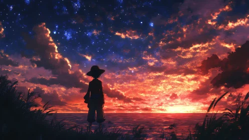 Silhouetted figure observes dense cloud field at coastal horizon