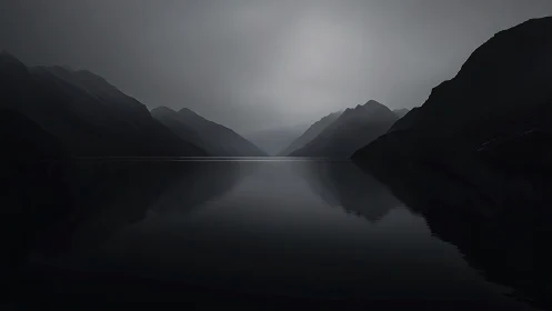 Minimalist nocturne lake with symmetric mountain silhouettes.