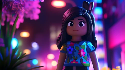 Plastic figure stands in neon-lit urban night environment