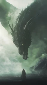 Lone wanderer meets a colossal dragon in misty twilight.