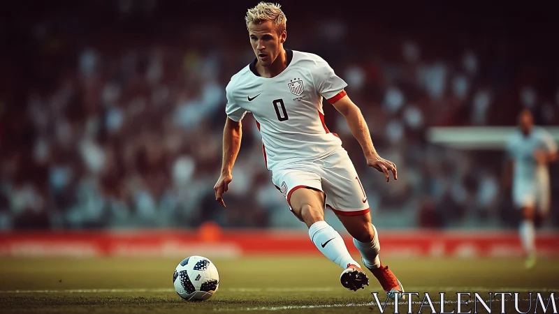 Dynamic soccer forward sprints toward the ball under stadium lights