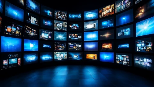 Curved video wall displays multiple blue digital media screens