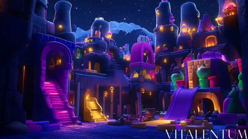 Neon-Lit Fantasy Castle Architecture with Luminescent Towers.
