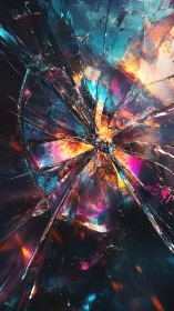 Shattered glass radial burst with vivid neon light cores.