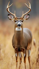 White-tailed buck stands alert amid soft golden grassland.