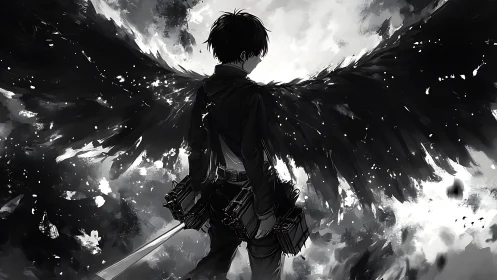 Dark winged anime warrior stands against bright sky.