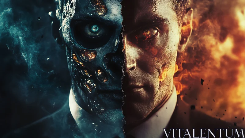 Cyborg face splits cold machinery and blazing human fire