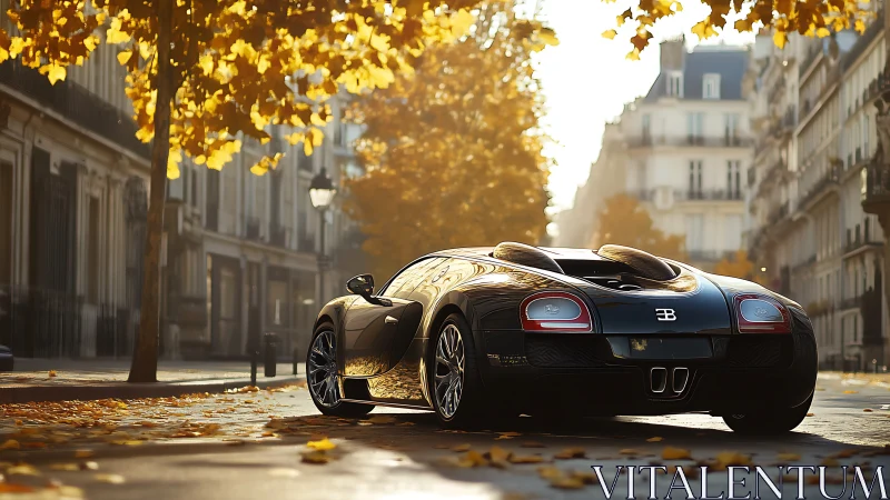 Rear-perspective hypercar under autumnal urban canopy.