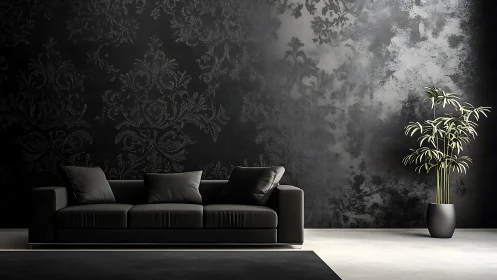 Monochrome living room shows dark sofa and patterned wall
