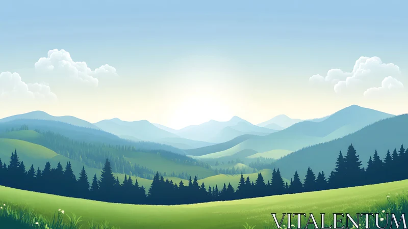 Layered blue mountains surround sunlit green valley