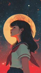 Celestial profile study of schoolgirl before enlarged lunar disc.