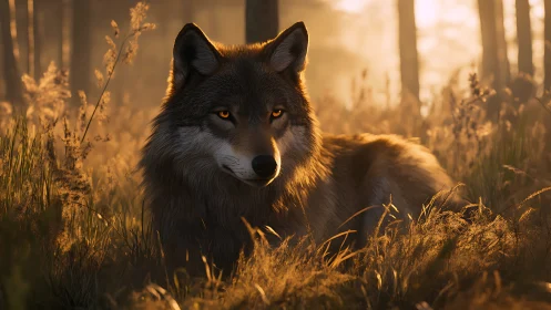 Lone wolf rests in golden forest light at tranquil dawn