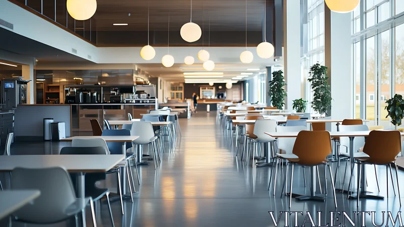 Modern corporate cafeteria shows orderly rows of empty tables