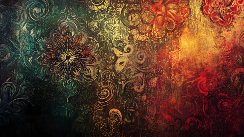 Whirling floral mandalas drift through molten dusk haze.