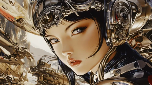 Cybernetic pilot portrait with aerospace mecha infrastructure.