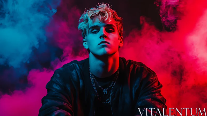 Neon split-light portrait in cinematic cyberpunk color field.