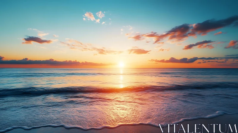 Sunlit horizon over tranquil ocean with reflective waves.
