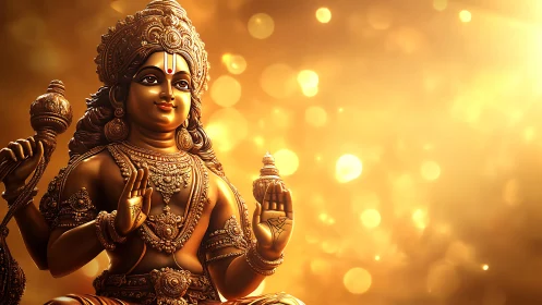 Golden deity statue bathes in radiant celestial glow of light.