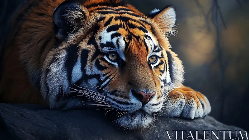 Photorealistic close-up of resting Bengal tiger on rock ledge