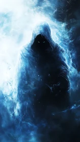 Hooded wraith emerges from swirling blue spectral void