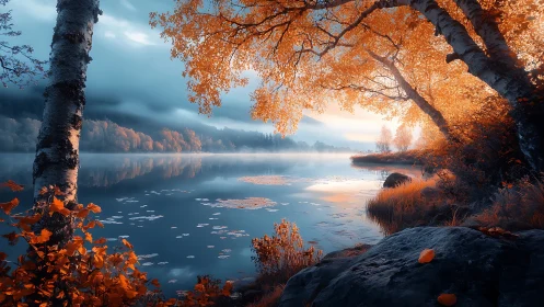 Autumn lake glows in misty twilight under golden trees.