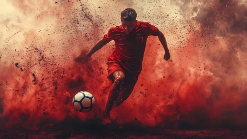 Male soccer player in red kit amid dense red dust cloud.