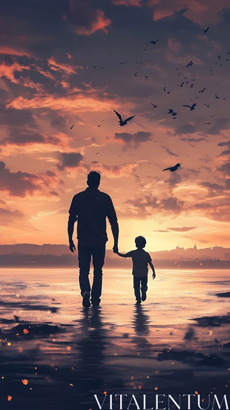 Sunset stride of father and child beneath ember skies.