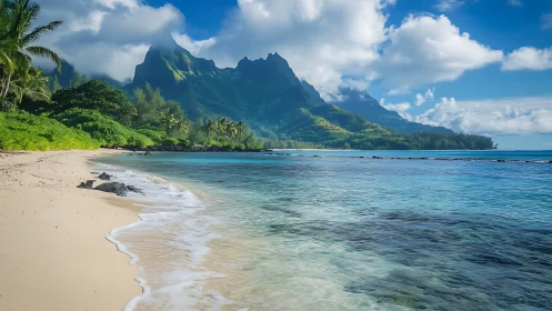 Majestic Mountain Peaks Rise Above a Pristine Tropical Beach