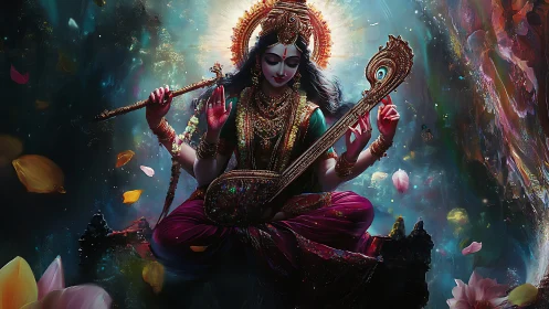 Divine musician goddess floats in cosmic petals and light.