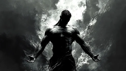 Shadowforged titan rising from storm-splintered voidscape.