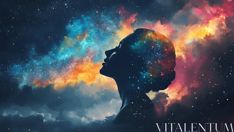 Stargazing mind in silhouette wrapped in glowing cosmic clouds.