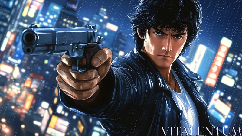 Neo-noir anime gunman aims forward in dynamic rain cityscape